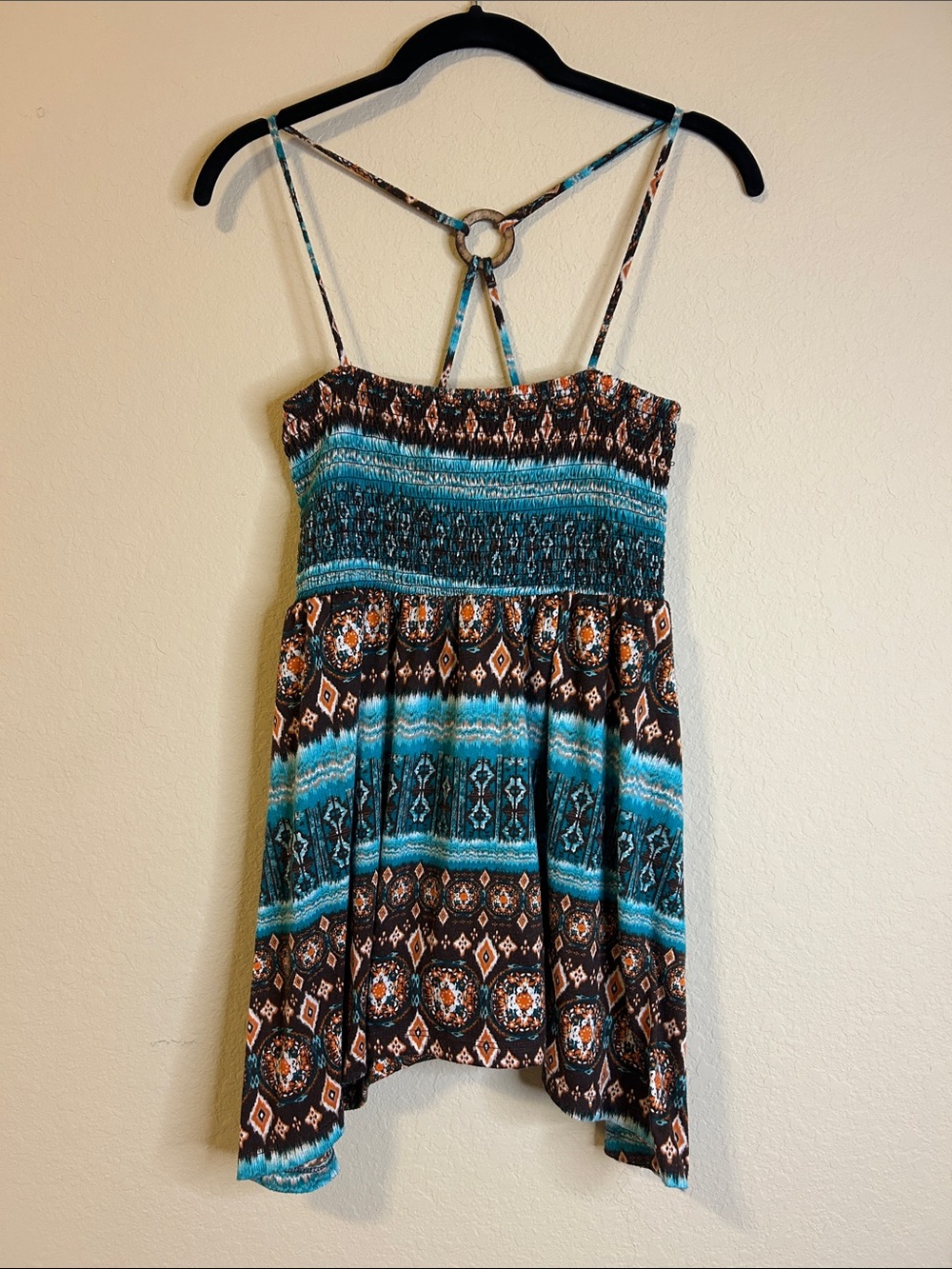 Weavers Blue & Brown Strappy Smocked Sundress Top Size L